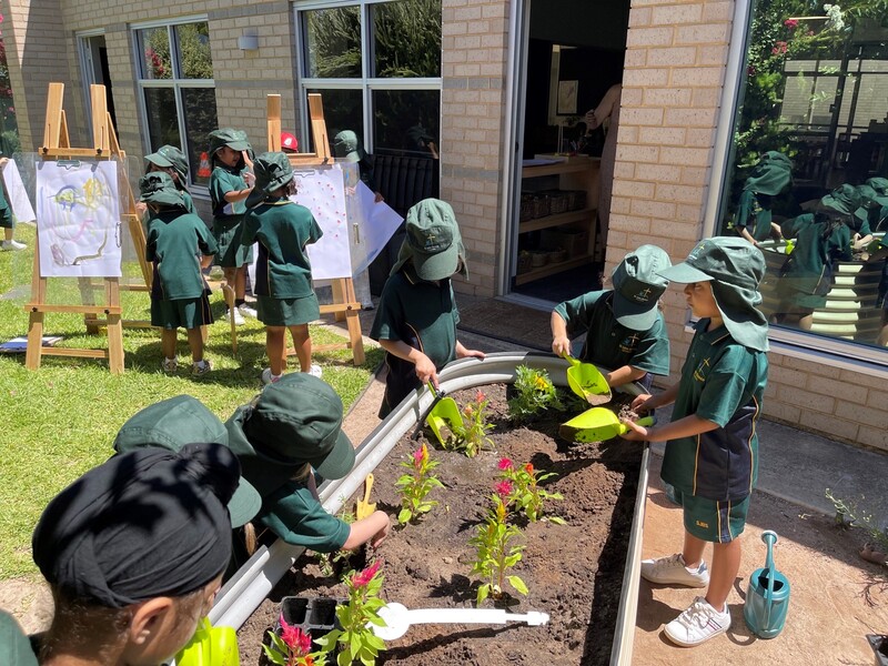 group outside planting & painting